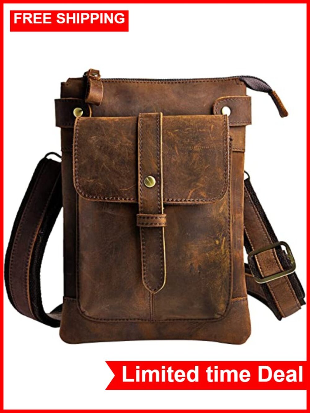 Genuine Leather Messenger Bag Convertible Waist Pack Adjustable Strap 3 Pockets